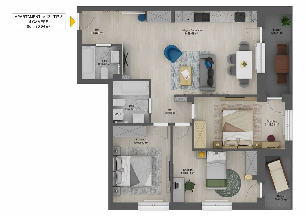 Apartament spațios cu 4 camere –DIRECT DEZVOLTATOR