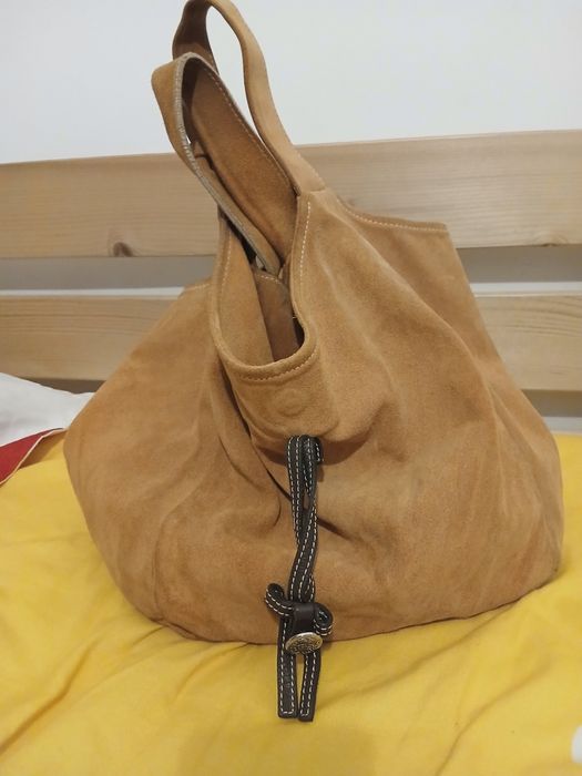 Geantă maxi din piele întoarsă naturală, culoare cognac/camel, foarte încăpătoare