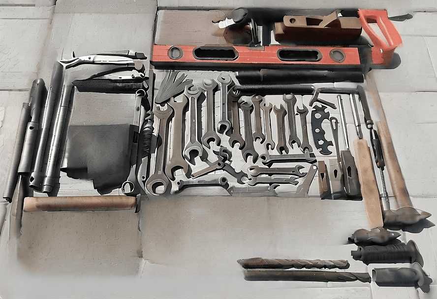 Слесарный инструмент: ключи, молотки, стеклорезы, ножницы, уровень