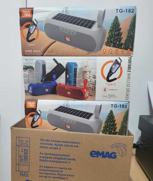 Boxa portabila - TG 182, Bluetooth 5.0, Panou Solar IPX6 Radio FM Bass Puternic, Stick Usb Jack 3,5 Baterie 1200 Mah