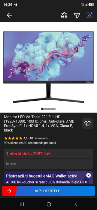 Monitor Tesla 22", 100Hz, Impecabil Ca Nou