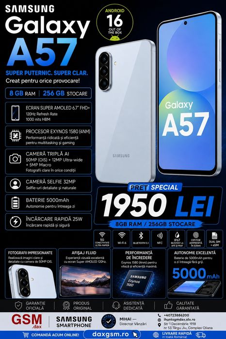 Galaxy A57 5G, 8/256 GB, Sigilat, Garanție