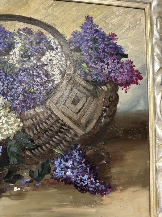 Cos cu liliac pictura pe carton fara defecte rama argintie