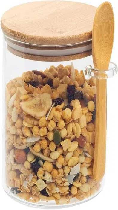 Set 3 Borcane din Sticlă cu Capace din Bambus și Linguriță