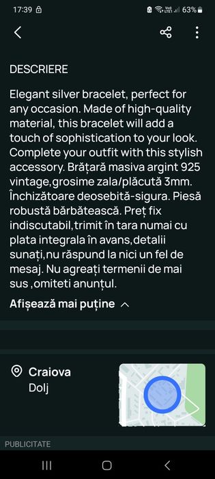 Brățară  argint 925 masiva