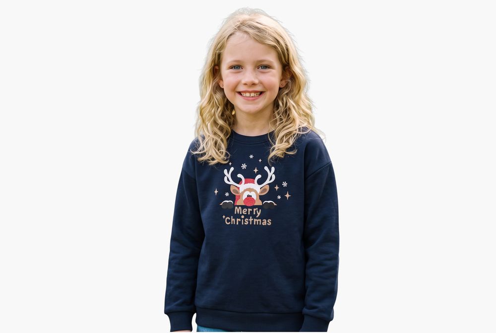Bluză copii ONLY Kids Crăciun, ren „Merry Christmas”, bleumarin, 122/128