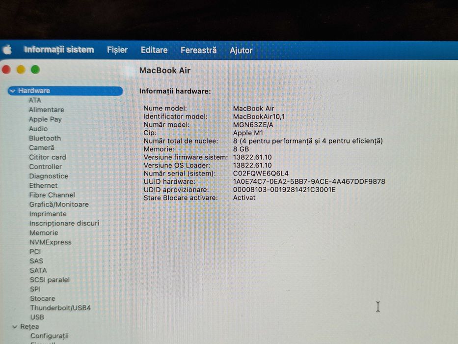 MacBook Air M1 2020 (activat 2022) 8GB 256GB - Baterie 78% - Impecabil