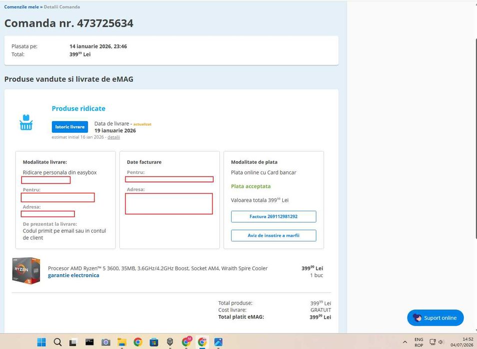 AMD Ryzen 5 3600 + Wraith Spire Cooler inclus/ Achiziționat nou în 2026 / Testat OCCT / Temperaturi foarte bune / AM4