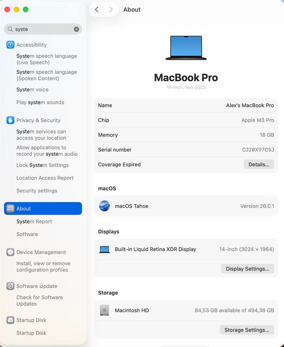 MacBook Pro 14” (M3, 18GB RAM, 500 GB SSD)