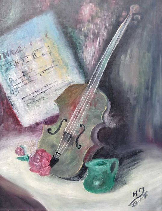 Tablou vechi - natura statica cu vioara - semnat si datat