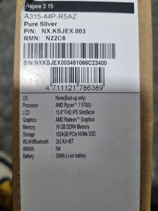 Laptop Acer Aspire 3 15 A315-44P-R5AZ Ryzen 75700U 16gb 1tb ssd