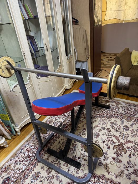 Скамья для пресса и жима лёжа, лежак+штанга 40кг, подставка для штанга