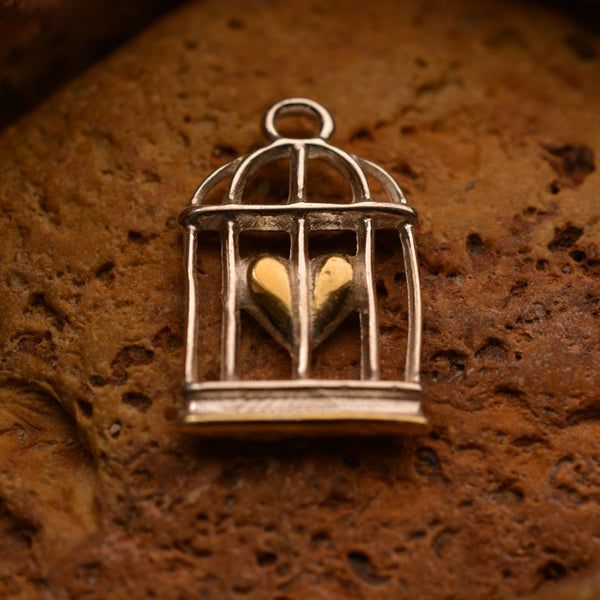 Сребърен медальон 925 „Сърце в клетка“ със златен акцент