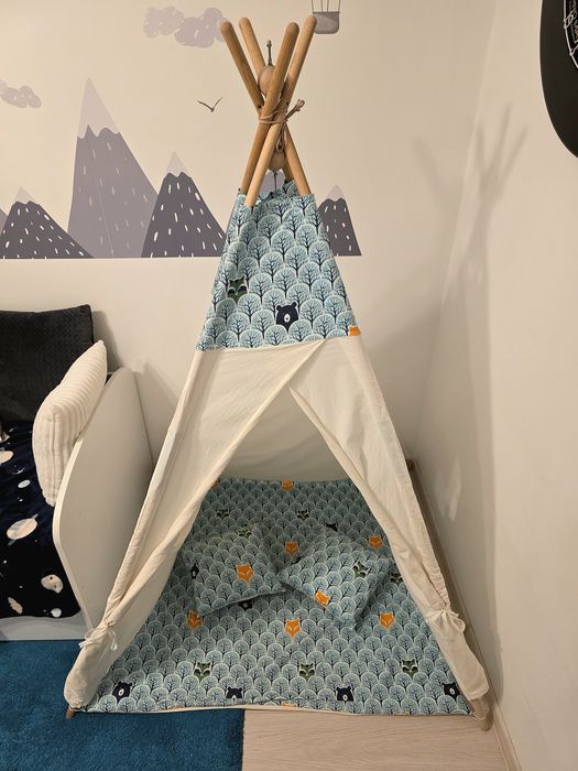 Teepee Cort Copii Kidizi Alb-Albastru cu Covor Gros si 2 Perne