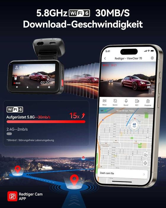 REDTIGER VC70 Dashcam, двуканална камера 4K предно и 2.5K задно видео