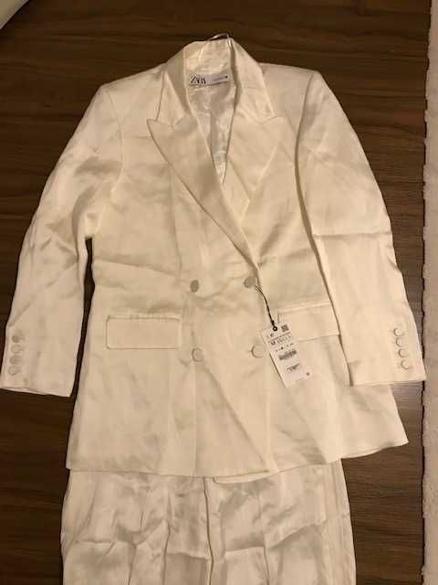 zara costum alb in double breasted straight pantalon shimmer lucios nou S/XS  oyster ecru