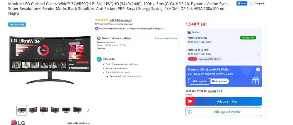 Monitor LED Curbat LG UltraWide™ 34WR50QK-B, 34", UWQHD (3440x1440), 100Hz