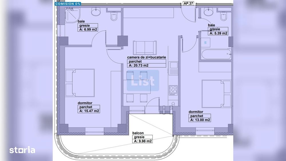 Apartament de vânzare, 3 camere, 61m2, 2 băi, lift, balcon - Baia Mare