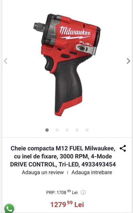 Cheie compacta M12 FUEL Milwaukee, cu inel de fixare, 3000 RPM - Nouă