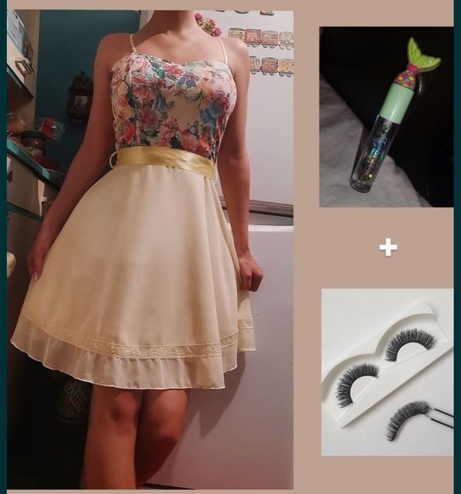 Rochie roșie/galbenă ocazie+blăniță,gene,ruj