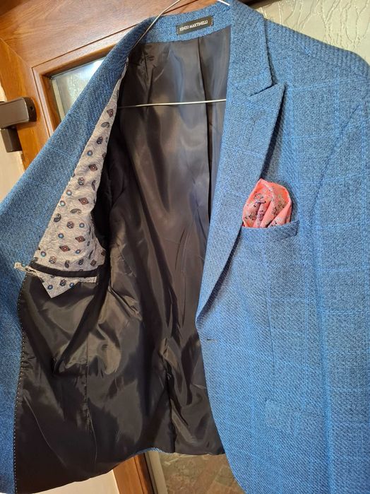 Costum bărbătesc Renzo Martinelli, albastru texturat, cu pantaloni și cravată, mărimea S