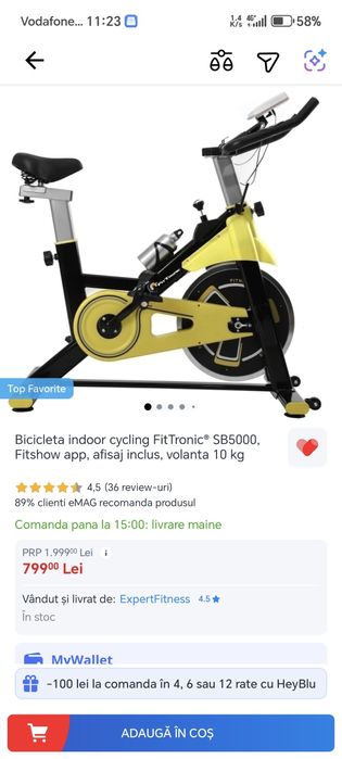 Bicicleta indoor cycling FitTronic® SB5000, Fitshow app, afisaj inclus, volanta 10 kg