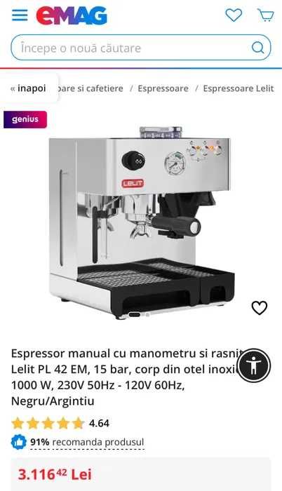 Espressor LELIT manual cu manometru si rasnita PL 42 EM