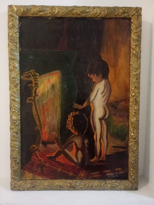 Dupa Baie"Lucrare in ulei semnata anii 1900 încadrată într-o ramă din