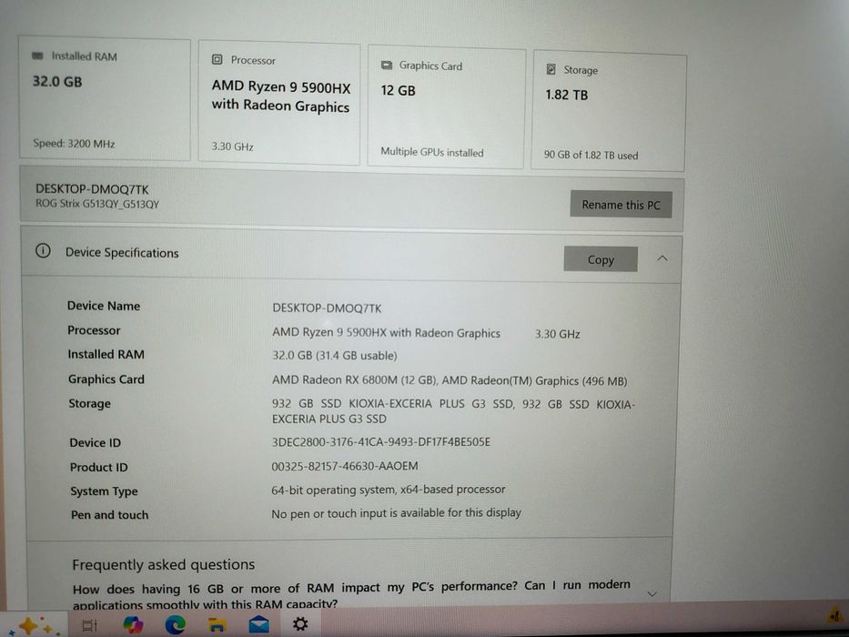 Asus Rog Strix G15 Gaming, Ryzen 9, Radeon 12GB, 32 GB DDR4, 2 Tb SSD