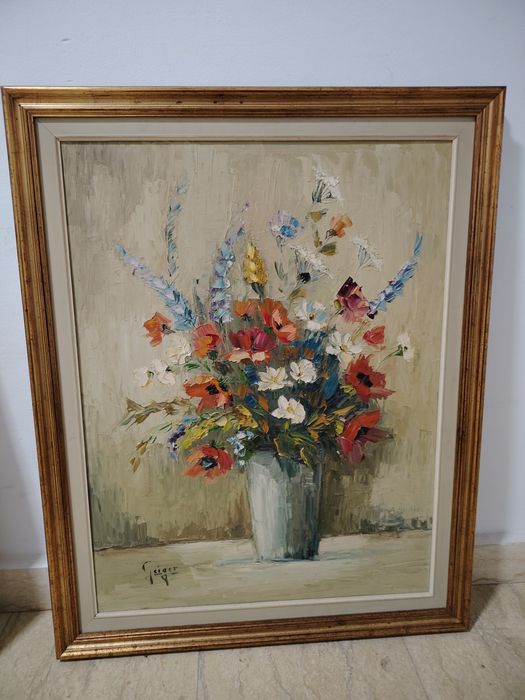 Pictură veche  deosebita în cutit  ulei reprezentând un buchet de flor