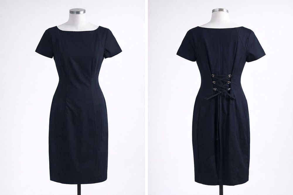 Rochie elegantă bleumarin, croială cambrată, detaliu corset – M/L