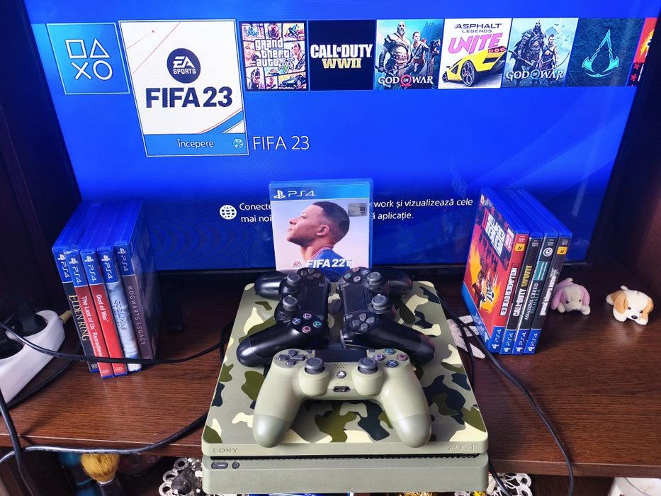 PS4 Slim + 3 controllere + jocuri TOP (Elden Ring, God of War, Hogwarts)