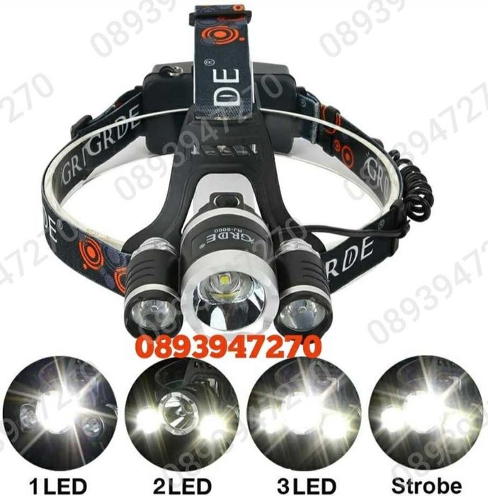 Мощен Лед Фенер Челник за глава с акумулаторни батерии и 3 LED