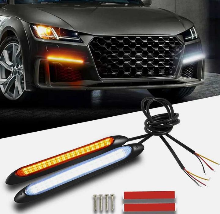 Дневни DRL LED гъвкави светлини с бягащ мигач 15.5см - 2 броя.