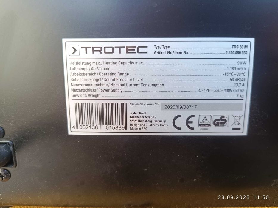 Електрически трифазен калорифер TROTEC TDS 50 M, 9 kW
