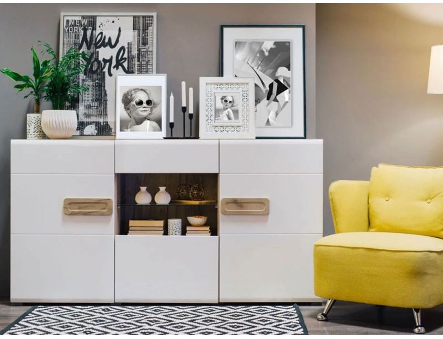 Comoda cu sertar 180 stejar gri folie lucioasa alba, 180 x 41.5 x 96.5