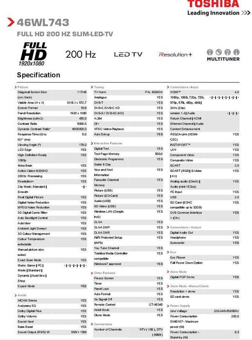 Продавам/Бартер 46 Инча LED Телевизор Toshiba Regza 46wl743 за Мултистрим Сателитна Телевизия !