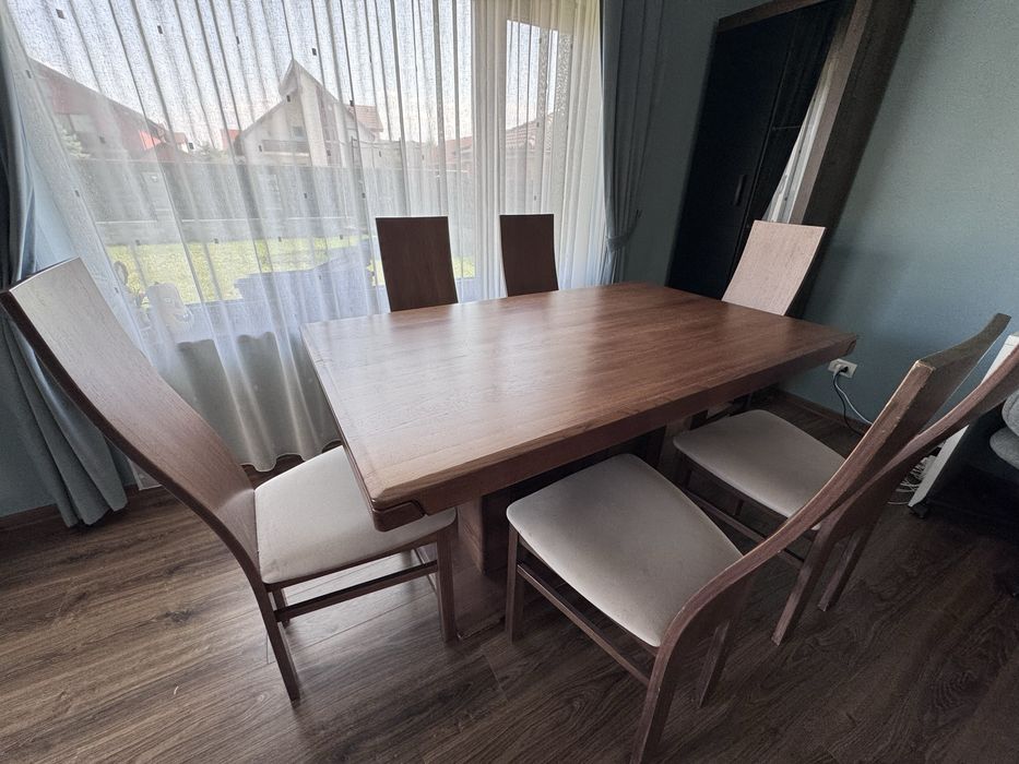 Masa extensibila stejar masiv + 6 scaune - 150/200x90cm