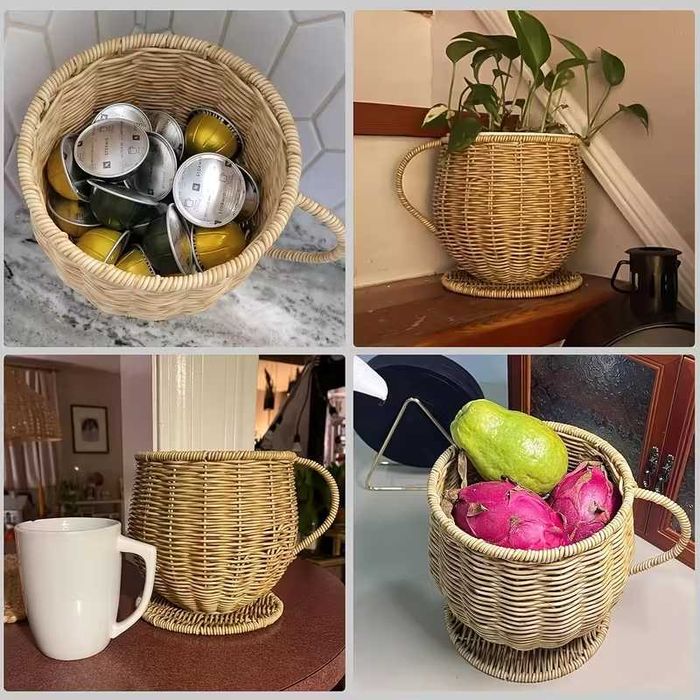 Голяма ратанова кошница Органайзер за кафе капсули Бохо стил