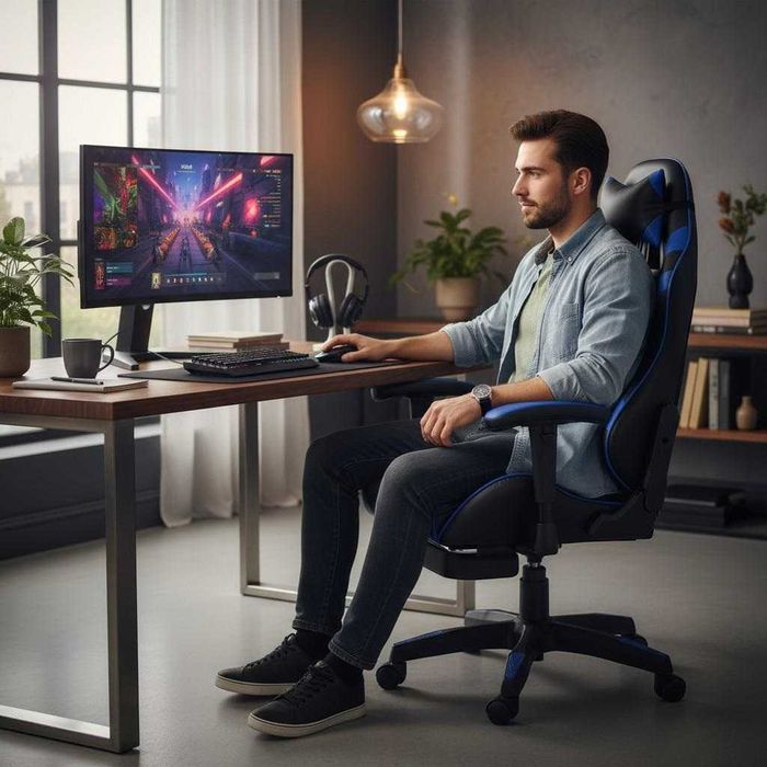 Геймърски стол Primaveo с Масажна функция, Прибираща поставка за крака