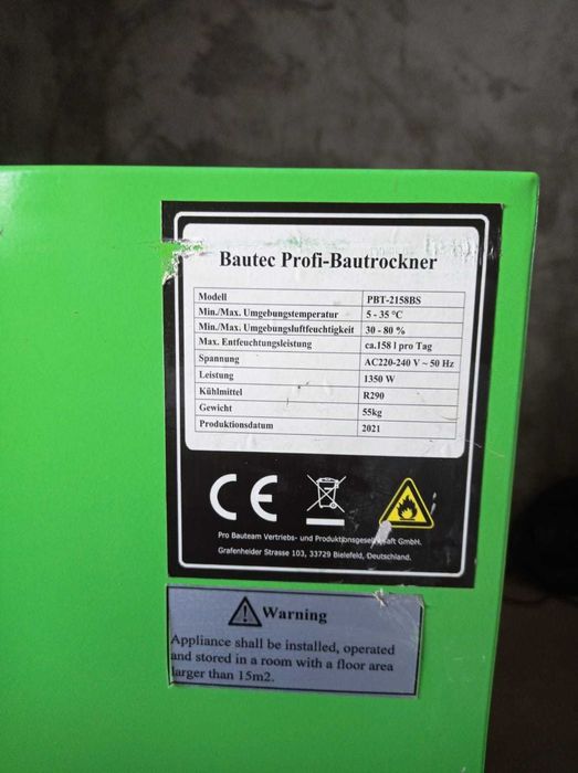 Dezumidificator profesional Industrial, de construcții BAUTEC, 158 litri pe zi