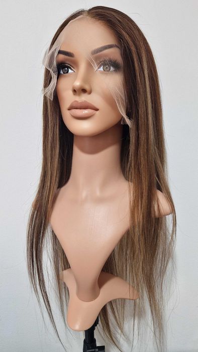 Естествена перука 70–75 см – Lace Front 13x6, кафява с руси кичури