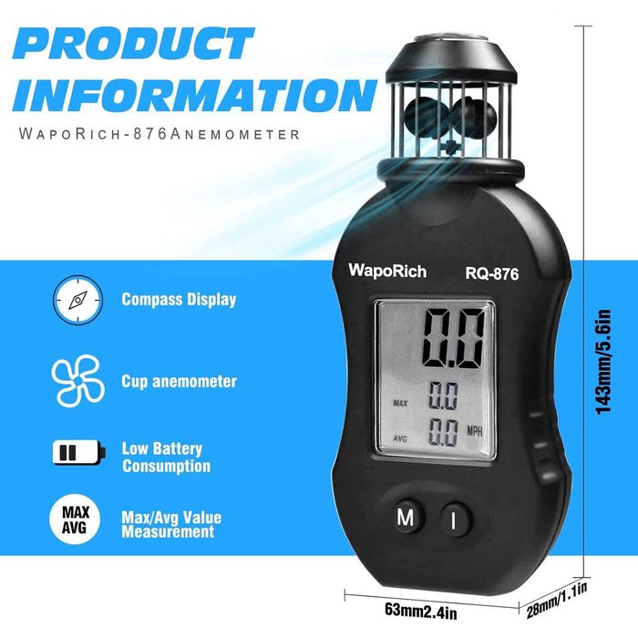 Ръчен анемометър за измерване на скоростта на вятъра с 360°