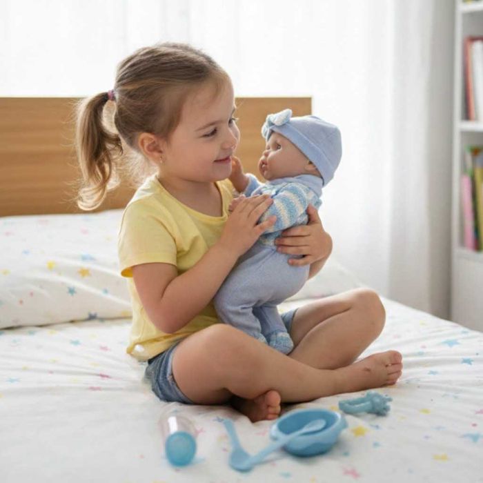 Кукла бебе с пълен комплект–Шише, пижама,легълце и аксесоари - 42 см.