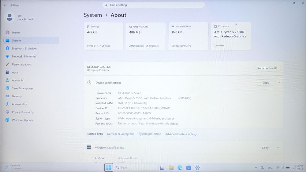 Laptop HP 15-fc00xx 15.6" FHD,/Ryzen 5 7520U/16GB RAM/512GB SSD, AMD Radeon Graphics, W11, Argintiu