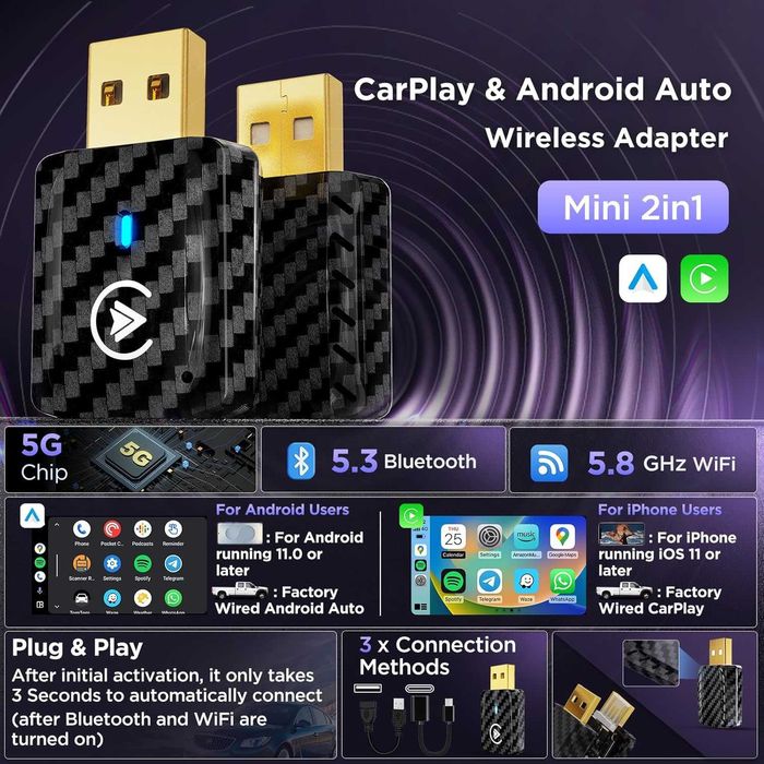 Безжичен CarPlay Android Auto адаптер U2AC-01 5GHz WiFi USB