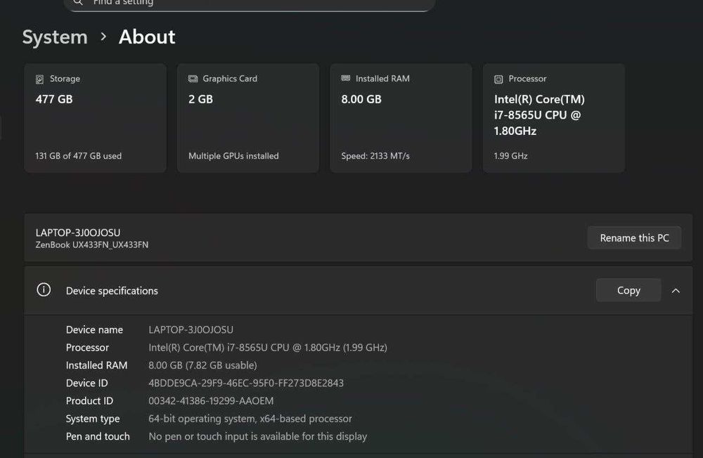 Asus ZenBook 14 UX433FN – i7, 8GB RAM, 512GB SSD