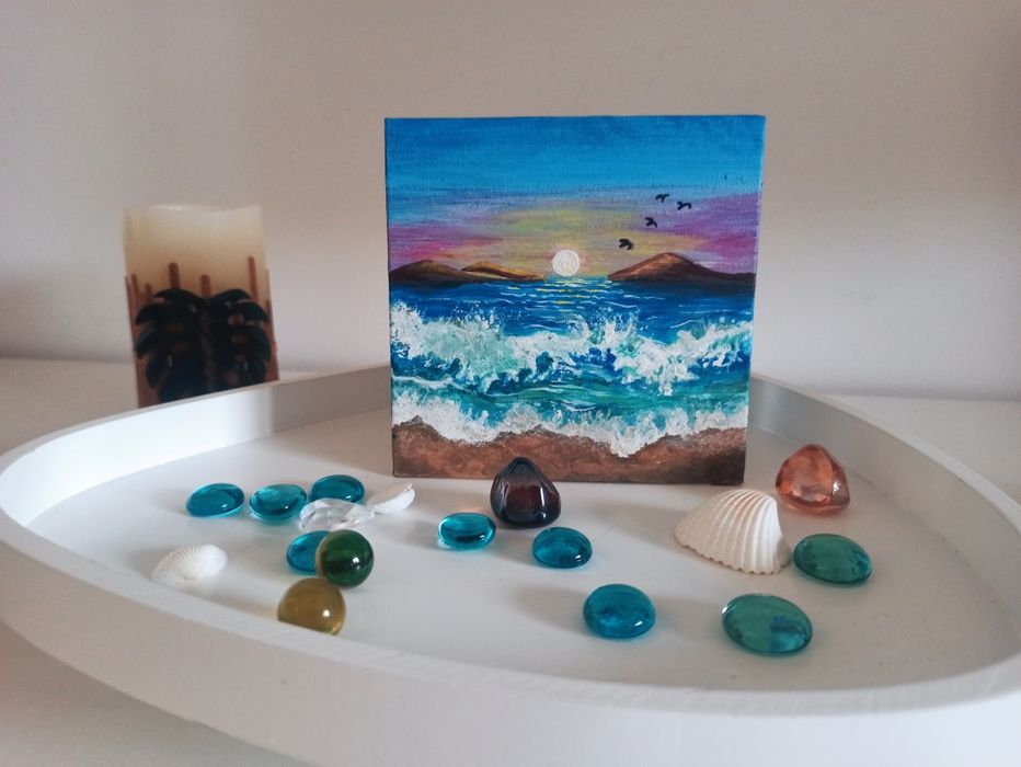 Apus peste valuri – mini tablou acrilic original