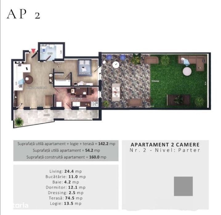 Apartament cu 2 camere, 54 mp si terasa de 75 mp, zona Vivo — fotografia 1