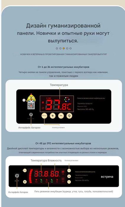 Инкубатор для яиц на 9/12/24/36/64/100/128/200, работает от 12В и 220В